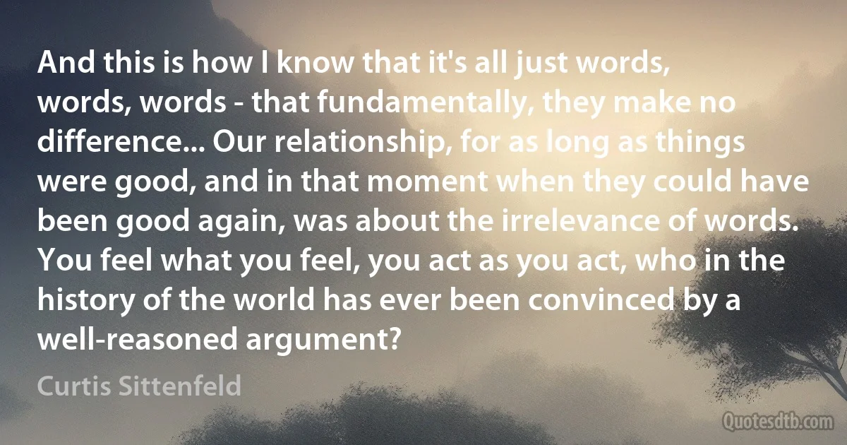 And this is how I know that it's all just words, words, words - that fundamentally, they make no difference... Our relationship, for as long as things were good, and in that moment when they could have been good again, was about the irrelevance of words. You feel what you feel, you act as you act, who in the history of the world has ever been convinced by a well-reasoned argument? (Curtis Sittenfeld)