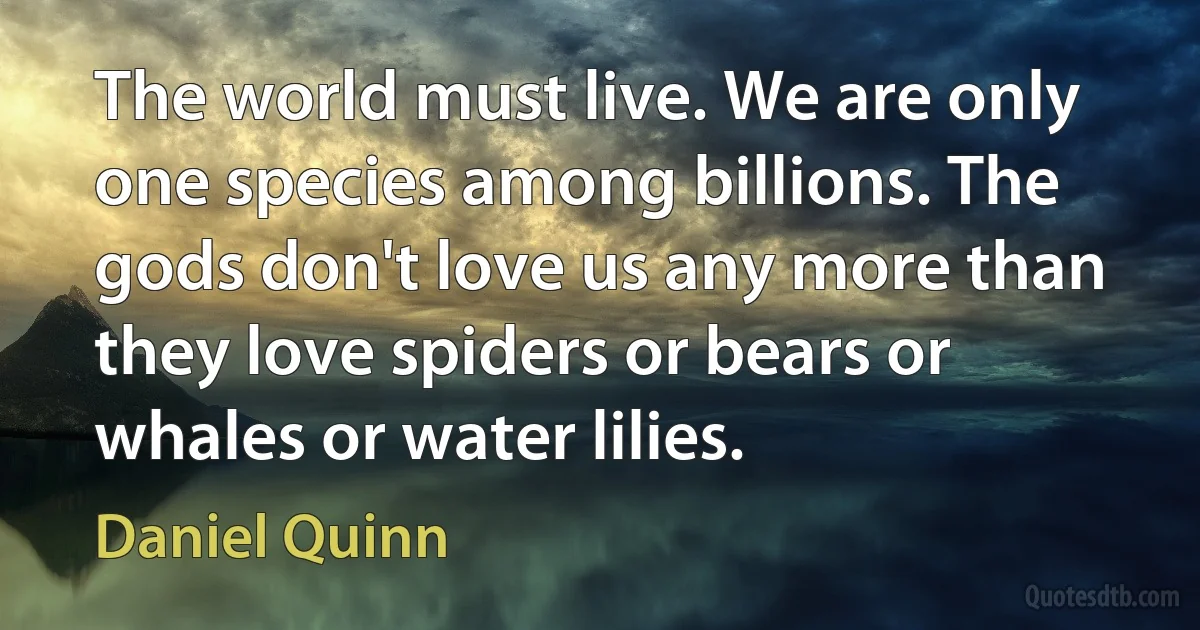 The world must live. We are only one species among billions. The gods don't love us any more than they love spiders or bears or whales or water lilies. (Daniel Quinn)