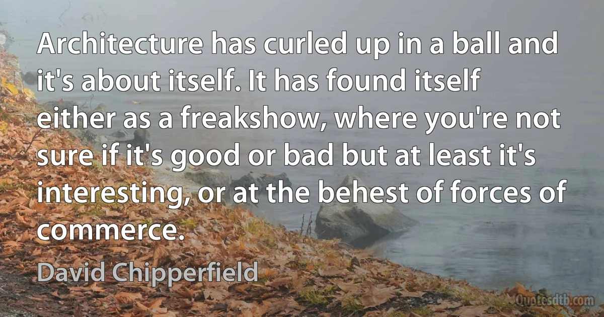 Architecture has curled up in a ball and it's about itself. It has found itself either as a freakshow, where you're not sure if it's good or bad but at least it's interesting, or at the behest of forces of commerce. (David Chipperfield)