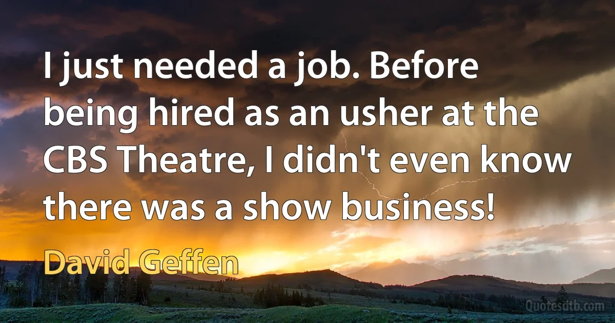 I just needed a job. Before being hired as an usher at the CBS Theatre, I didn't even know there was a show business! (David Geffen)