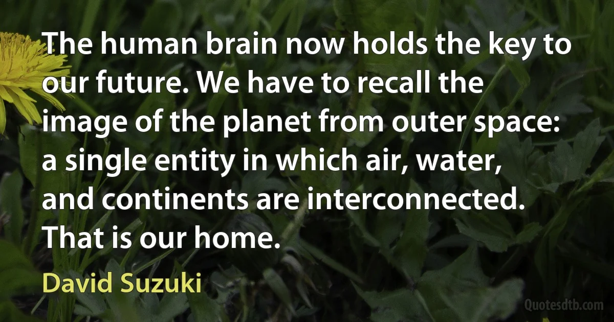 The human brain now holds the key to our future. We have to recall the image of the planet from outer space: a single entity in which air, water, and continents are interconnected. That is our home. (David Suzuki)