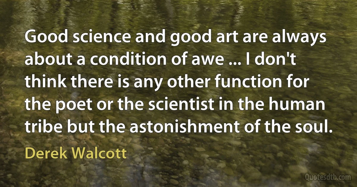 Good science and good art are always about a condition of awe ... I don't think there is any other function for the poet or the scientist in the human tribe but the astonishment of the soul. (Derek Walcott)