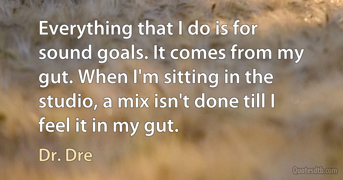 Everything that I do is for sound goals. It comes from my gut. When I'm sitting in the studio, a mix isn't done till I feel it in my gut. (Dr. Dre)