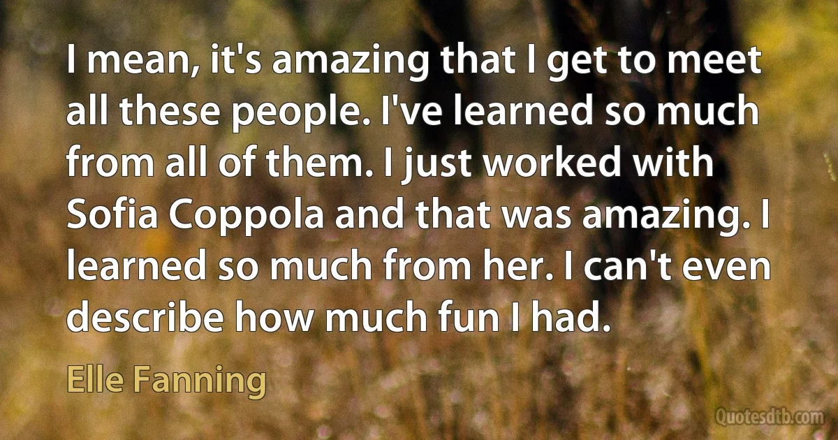 I mean, it's amazing that I get to meet all these people. I've learned so much from all of them. I just worked with Sofia Coppola and that was amazing. I learned so much from her. I can't even describe how much fun I had. (Elle Fanning)