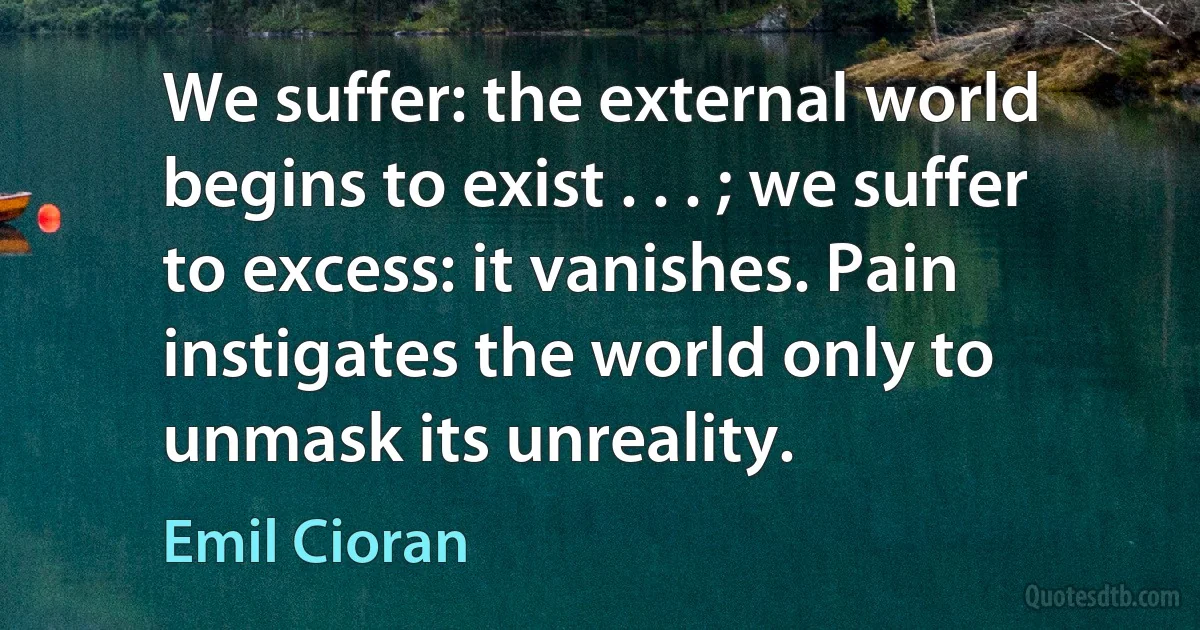 We suffer: the external world begins to exist . . . ; we suffer to excess: it vanishes. Pain instigates the world only to unmask its unreality. (Emil Cioran)