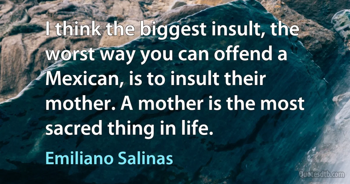 I think the biggest insult, the worst way you can offend a Mexican, is to insult their mother. A mother is the most sacred thing in life. (Emiliano Salinas)