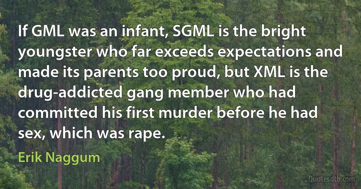 If GML was an infant, SGML is the bright youngster who far exceeds expectations and made its parents too proud, but XML is the drug-addicted gang member who had committed his first murder before he had sex, which was rape. (Erik Naggum)