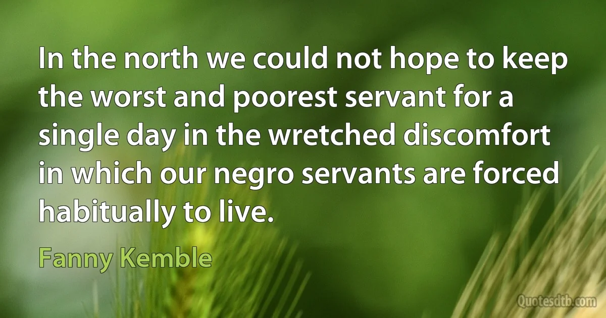 In the north we could not hope to keep the worst and poorest servant for a single day in the wretched discomfort in which our negro servants are forced habitually to live. (Fanny Kemble)