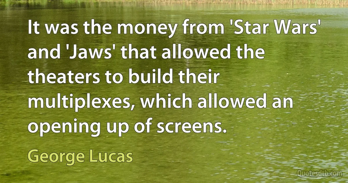 It was the money from 'Star Wars' and 'Jaws' that allowed the theaters to build their multiplexes, which allowed an opening up of screens. (George Lucas)