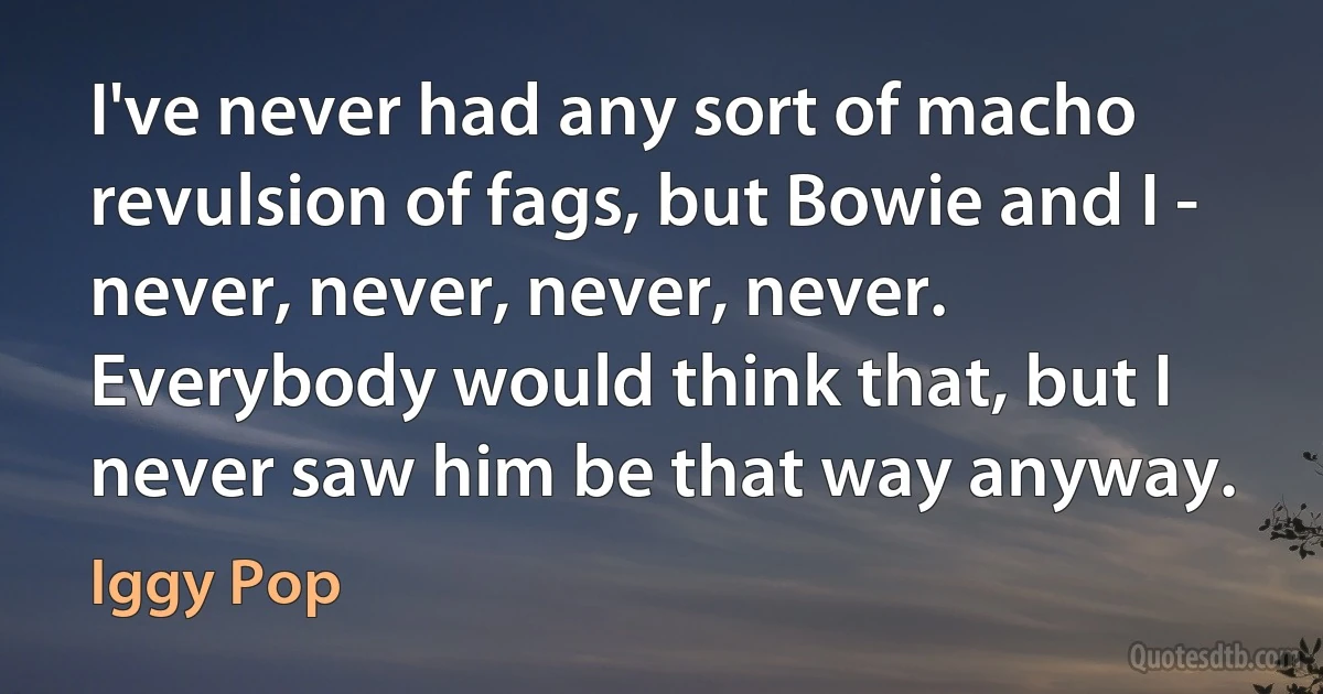 I've never had any sort of macho revulsion of fags, but Bowie and I - never, never, never, never. Everybody would think that, but I never saw him be that way anyway. (Iggy Pop)