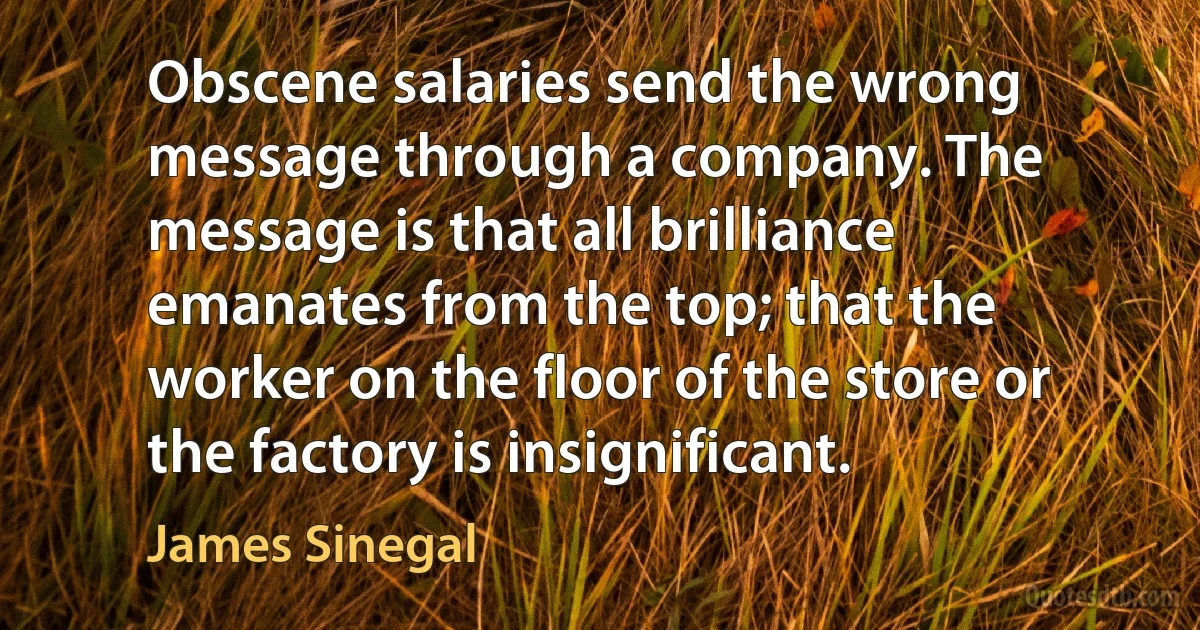 Obscene salaries send the wrong message through a company. The message is that all brilliance emanates from the top; that the worker on the floor of the store or the factory is insignificant. (James Sinegal)