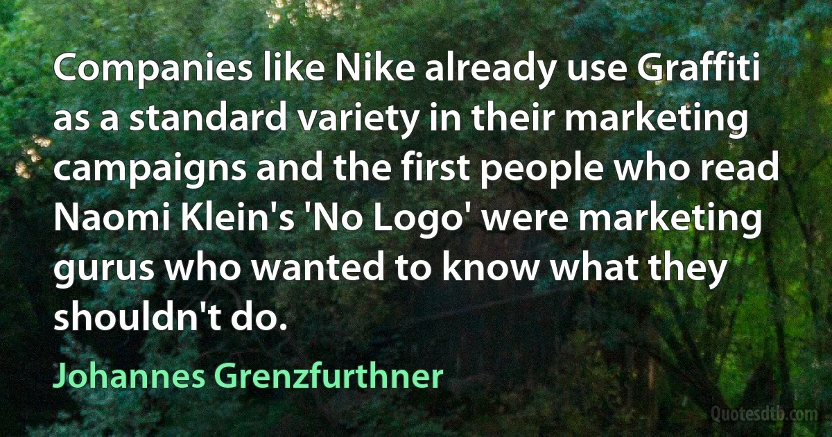 Companies like Nike already use Graffiti as a standard variety in their marketing campaigns and the first people who read Naomi Klein's 'No Logo' were marketing gurus who wanted to know what they shouldn't do. (Johannes Grenzfurthner)