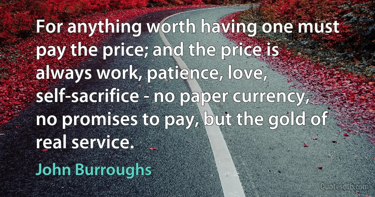 For anything worth having one must pay the price; and the price is always work, patience, love, self-sacrifice - no paper currency, no promises to pay, but the gold of real service. (John Burroughs)