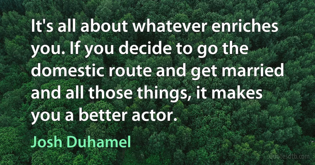 It's all about whatever enriches you. If you decide to go the domestic route and get married and all those things, it makes you a better actor. (Josh Duhamel)