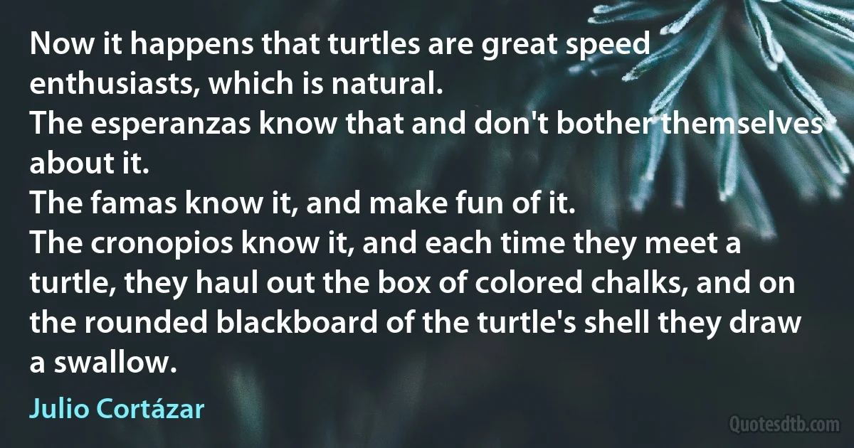 Now it happens that turtles are great speed enthusiasts, which is natural.
The esperanzas know that and don't bother themselves about it.
The famas know it, and make fun of it.
The cronopios know it, and each time they meet a turtle, they haul out the box of colored chalks, and on the rounded blackboard of the turtle's shell they draw a swallow. (Julio Cortázar)