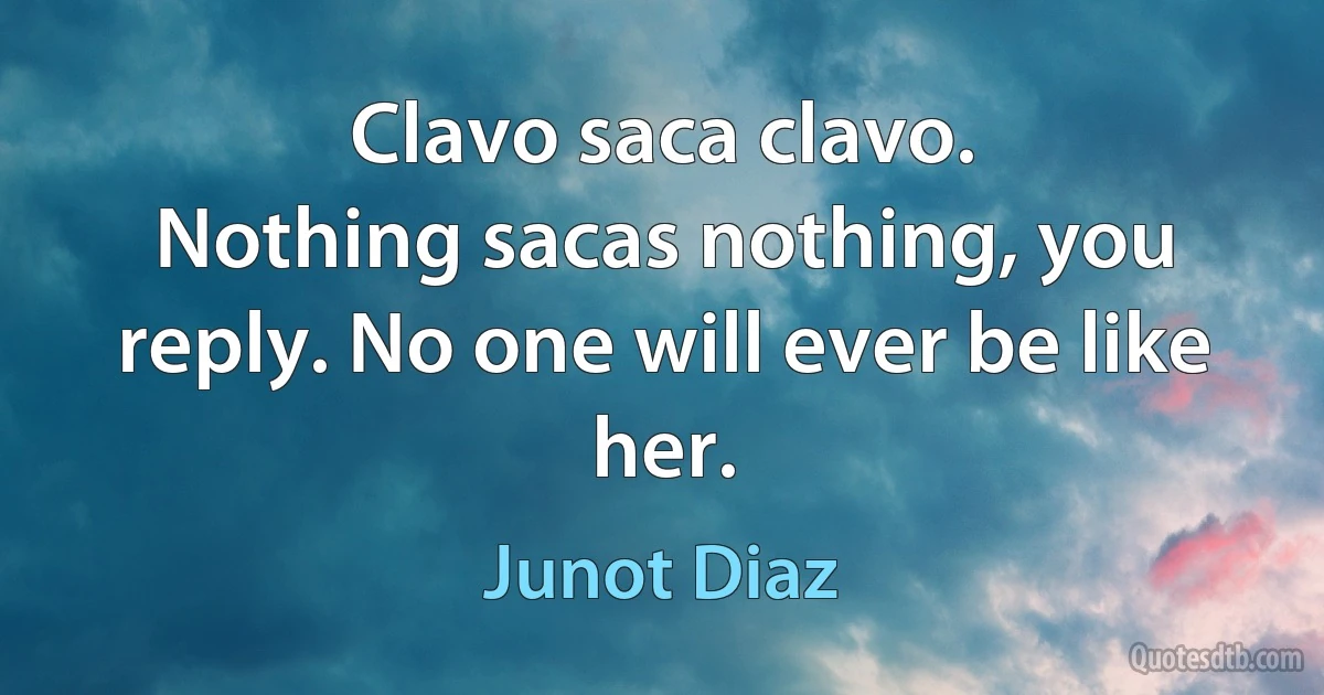 Clavo saca clavo.
Nothing sacas nothing, you reply. No one will ever be like her. (Junot Diaz)