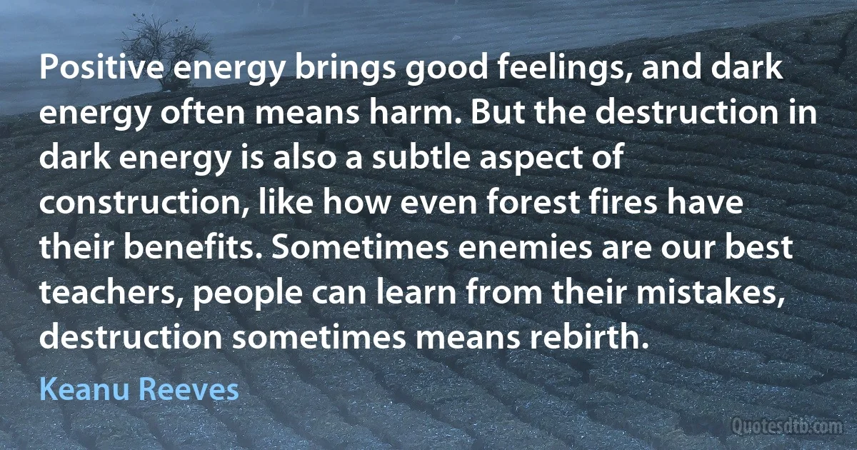 Positive energy brings good feelings, and dark energy often means harm. But the destruction in dark energy is also a subtle aspect of construction, like how even forest fires have their benefits. Sometimes enemies are our best teachers, people can learn from their mistakes, destruction sometimes means rebirth. (Keanu Reeves)