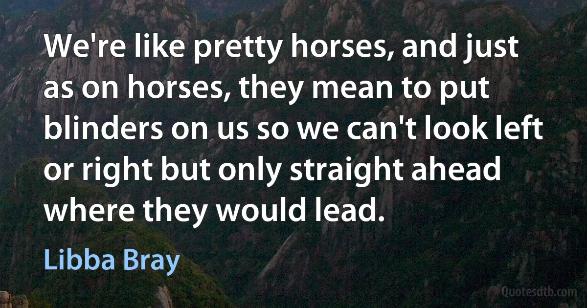 We're like pretty horses, and just as on horses, they mean to put blinders on us so we can't look left or right but only straight ahead where they would lead. (Libba Bray)