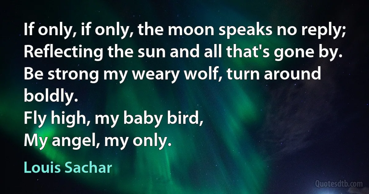 If only, if only, the moon speaks no reply;
Reflecting the sun and all that's gone by.
Be strong my weary wolf, turn around boldly.
Fly high, my baby bird,
My angel, my only. (Louis Sachar)