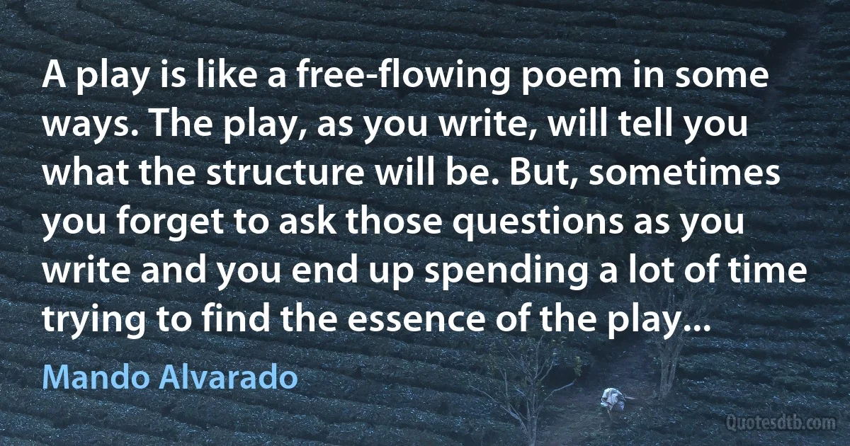 A play is like a free-flowing poem in some ways. The play, as you write, will tell you what the structure will be. But, sometimes you forget to ask those questions as you write and you end up spending a lot of time trying to find the essence of the play... (Mando Alvarado)