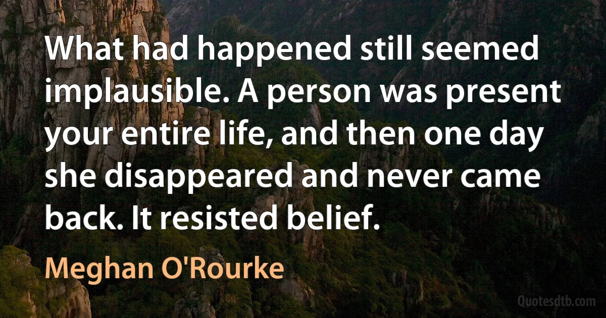 What had happened still seemed implausible. A person was present your entire life, and then one day she disappeared and never came back. It resisted belief. (Meghan O'Rourke)