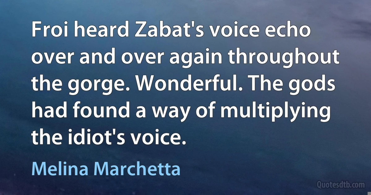 Froi heard Zabat's voice echo over and over again throughout the gorge. Wonderful. The gods had found a way of multiplying the idiot's voice. (Melina Marchetta)