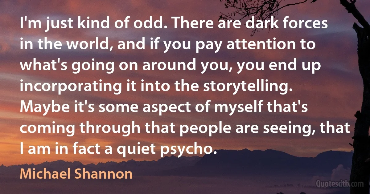 I'm just kind of odd. There are dark forces in the world, and if you pay attention to what's going on around you, you end up incorporating it into the storytelling. Maybe it's some aspect of myself that's coming through that people are seeing, that I am in fact a quiet psycho. (Michael Shannon)