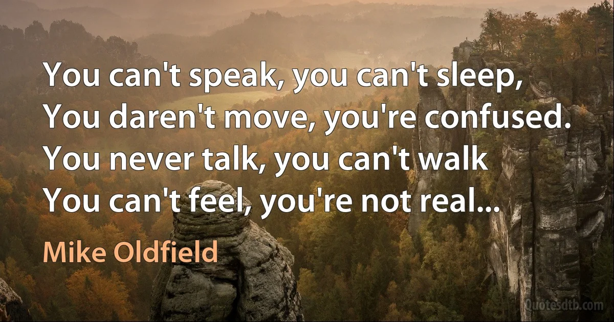 You can't speak, you can't sleep,
You daren't move, you're confused.
You never talk, you can't walk
You can't feel, you're not real... (Mike Oldfield)