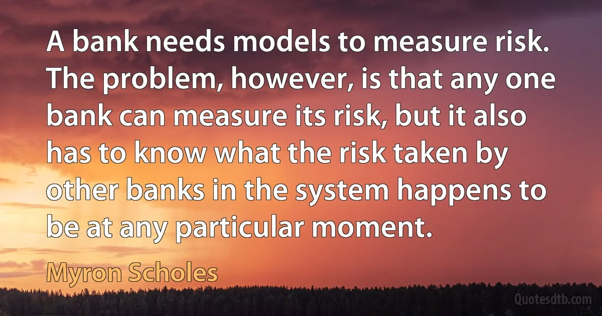 A bank needs models to measure risk. The problem, however, is that any one bank can measure its risk, but it also has to know what the risk taken by other banks in the system happens to be at any particular moment. (Myron Scholes)