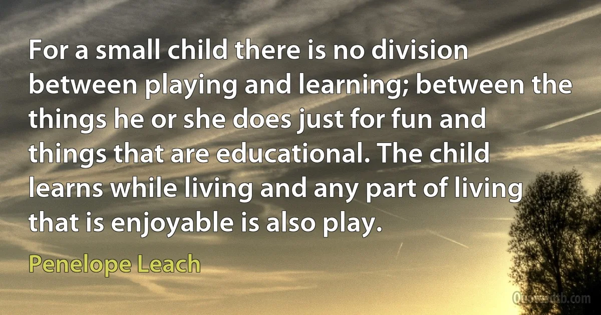 For a small child there is no division between playing and learning; between the things he or she does just for fun and things that are educational. The child learns while living and any part of living that is enjoyable is also play. (Penelope Leach)