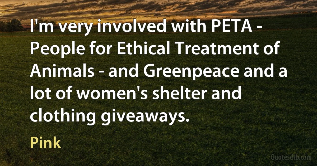 I'm very involved with PETA - People for Ethical Treatment of Animals - and Greenpeace and a lot of women's shelter and clothing giveaways. (Pink)