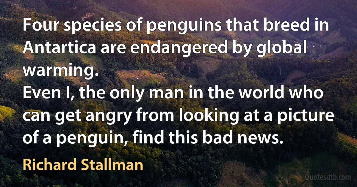 Four species of penguins that breed in Antartica are endangered by global warming.
Even I, the only man in the world who can get angry from looking at a picture of a penguin, find this bad news. (Richard Stallman)