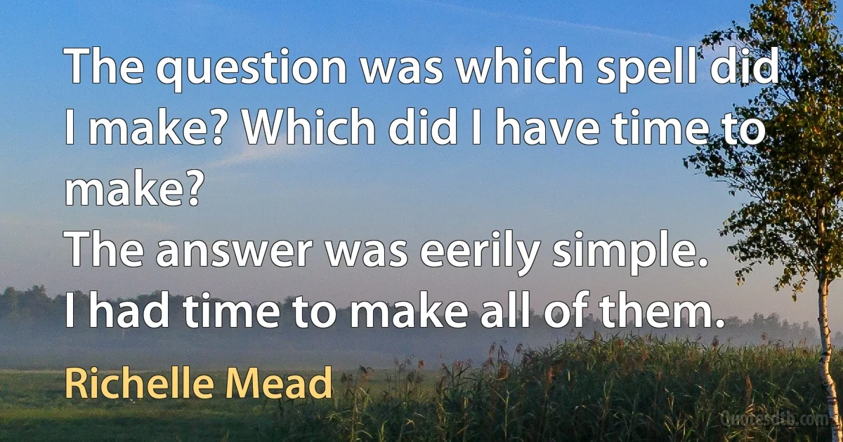 The question was which spell did I make? Which did I have time to make?
The answer was eerily simple.
I had time to make all of them. (Richelle Mead)