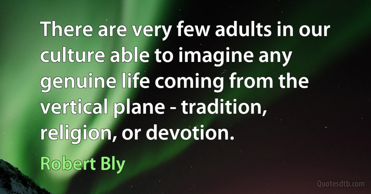 There are very few adults in our culture able to imagine any genuine life coming from the vertical plane - tradition, religion, or devotion. (Robert Bly)