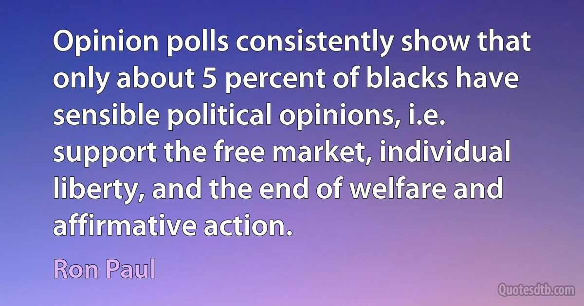 Opinion polls consistently show that only about 5 percent of blacks have sensible political opinions, i.e. support the free market, individual liberty, and the end of welfare and affirmative action. (Ron Paul)