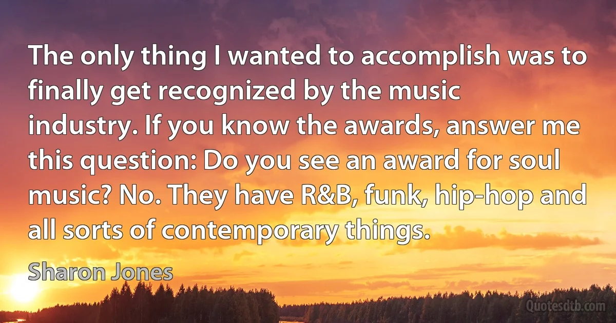 The only thing I wanted to accomplish was to finally get recognized by the music industry. If you know the awards, answer me this question: Do you see an award for soul music? No. They have R&B, funk, hip-hop and all sorts of contemporary things. (Sharon Jones)