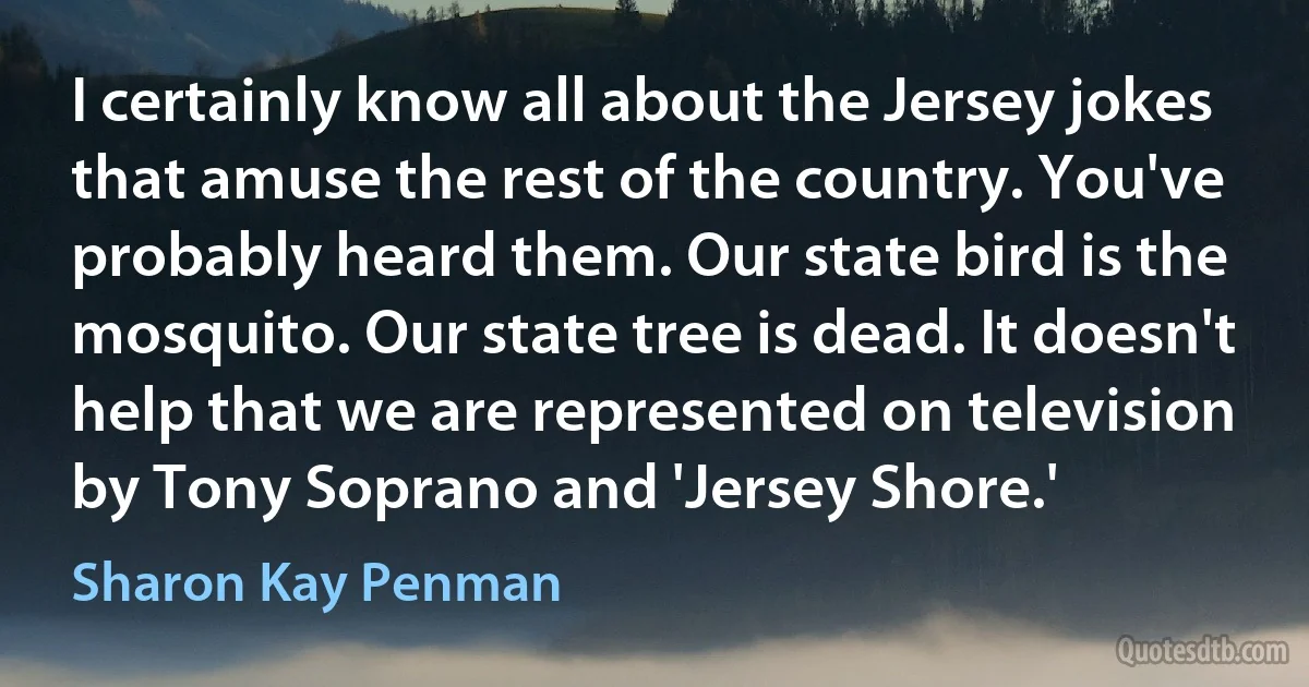 I certainly know all about the Jersey jokes that amuse the rest of the country. You've probably heard them. Our state bird is the mosquito. Our state tree is dead. It doesn't help that we are represented on television by Tony Soprano and 'Jersey Shore.' (Sharon Kay Penman)