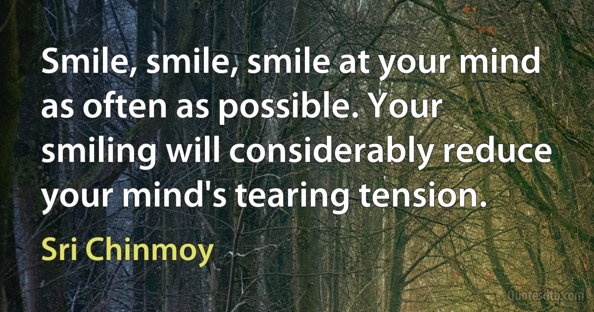 Smile, smile, smile at your mind as often as possible. Your smiling will considerably reduce your mind's tearing tension. (Sri Chinmoy)