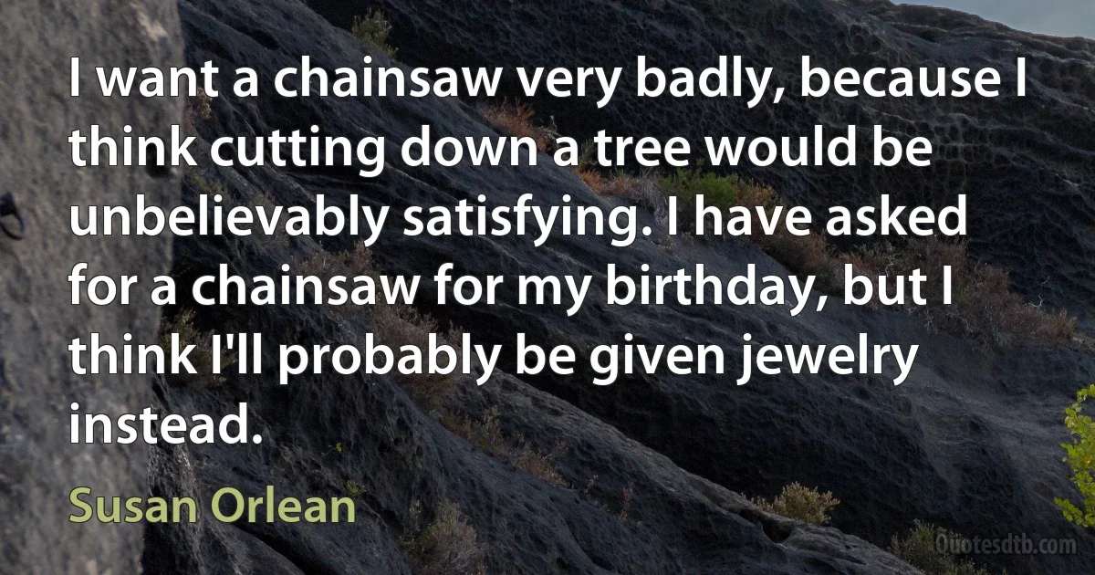 I want a chainsaw very badly, because I think cutting down a tree would be unbelievably satisfying. I have asked for a chainsaw for my birthday, but I think I'll probably be given jewelry instead. (Susan Orlean)