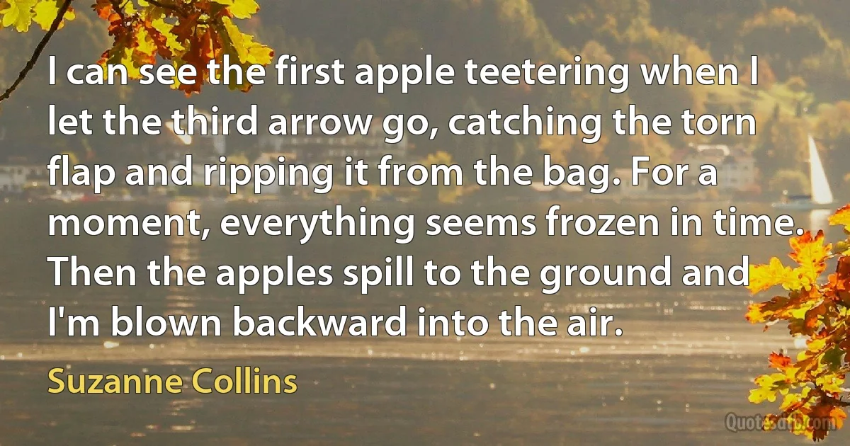 I can see the first apple teetering when I let the third arrow go, catching the torn flap and ripping it from the bag. For a moment, everything seems frozen in time. Then the apples spill to the ground and I'm blown backward into the air. (Suzanne Collins)