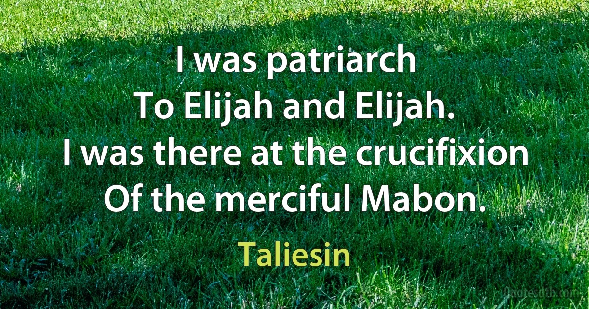 I was patriarch
To Elijah and Elijah.
I was there at the crucifixion
Of the merciful Mabon. (Taliesin)