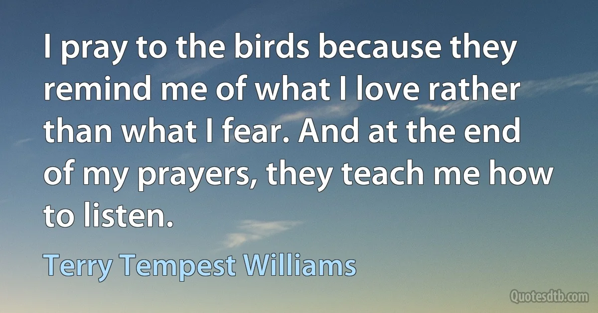 I pray to the birds because they remind me of what I love rather than what I fear. And at the end of my prayers, they teach me how to listen. (Terry Tempest Williams)