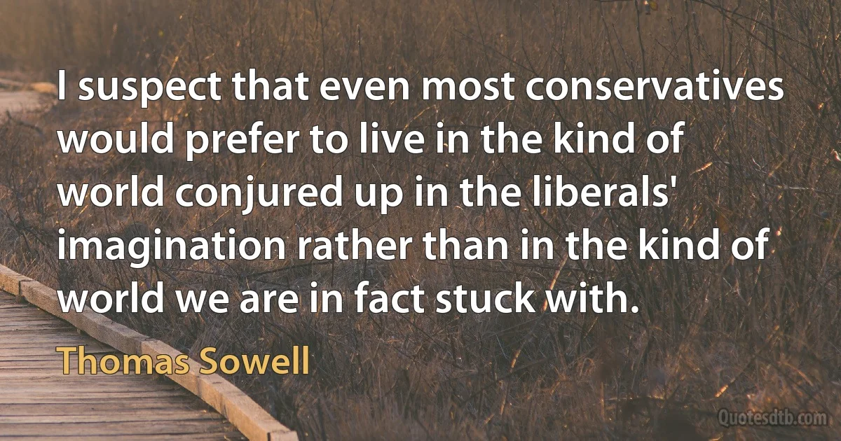 I suspect that even most conservatives would prefer to live in the kind of world conjured up in the liberals' imagination rather than in the kind of world we are in fact stuck with. (Thomas Sowell)