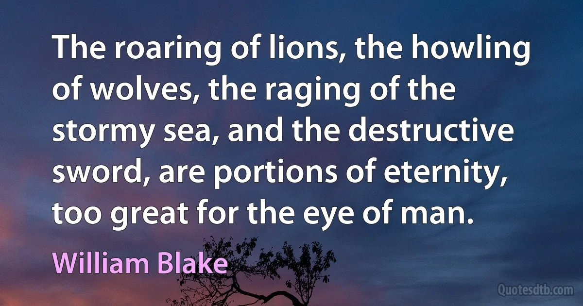 The roaring of lions, the howling of wolves, the raging of the stormy sea, and the destructive sword, are portions of eternity, too great for the eye of man. (William Blake)