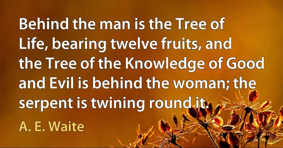 Behind the man is the Tree of Life, bearing twelve fruits, and the Tree of the Knowledge of Good and Evil is behind the woman; the serpent is twining round it. (A. E. Waite)