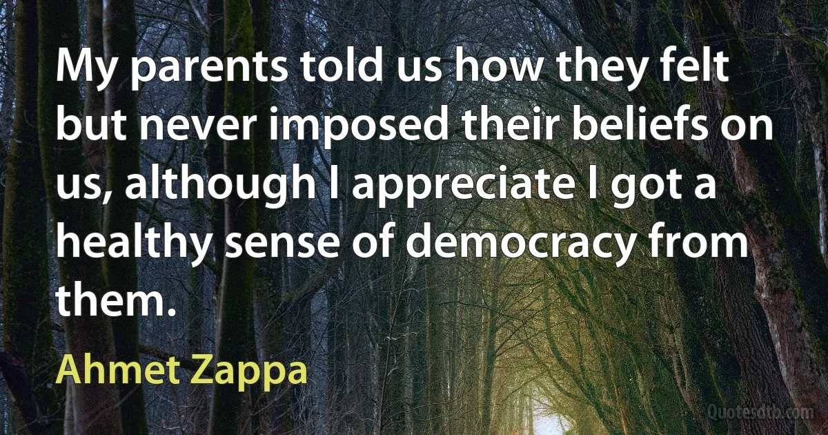 My parents told us how they felt but never imposed their beliefs on us, although I appreciate I got a healthy sense of democracy from them. (Ahmet Zappa)