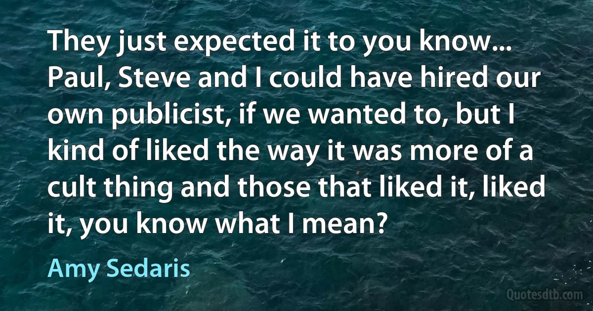 They just expected it to you know... Paul, Steve and I could have hired our own publicist, if we wanted to, but I kind of liked the way it was more of a cult thing and those that liked it, liked it, you know what I mean? (Amy Sedaris)