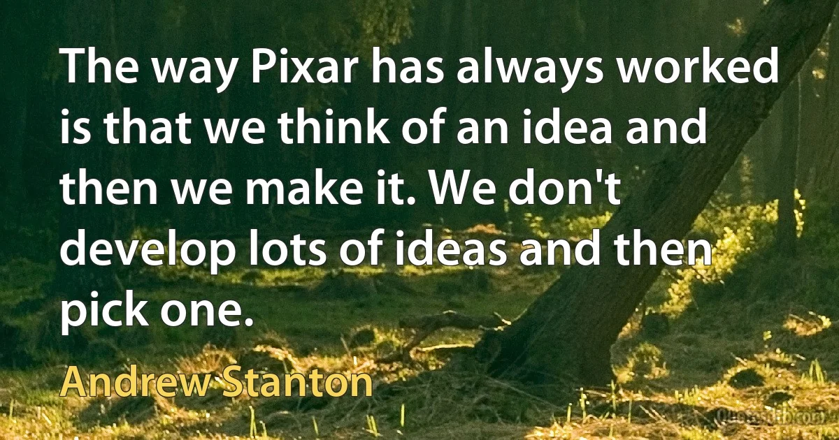 The way Pixar has always worked is that we think of an idea and then we make it. We don't develop lots of ideas and then pick one. (Andrew Stanton)