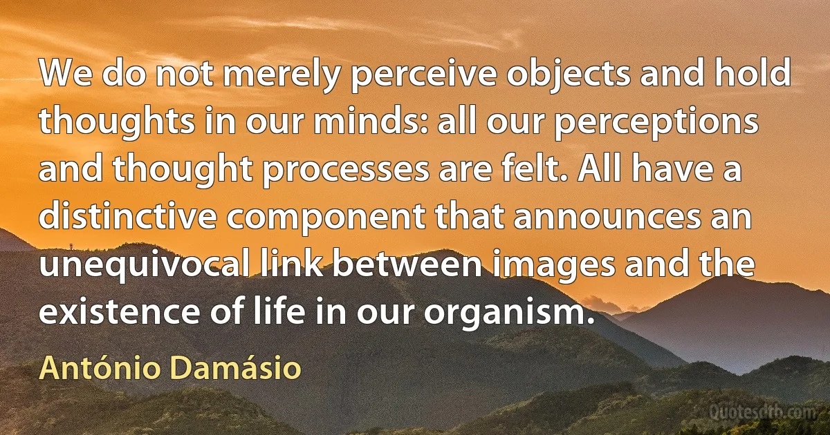 We do not merely perceive objects and hold thoughts in our minds: all our perceptions and thought processes are felt. All have a distinctive component that announces an unequivocal link between images and the existence of life in our organism. (António Damásio)