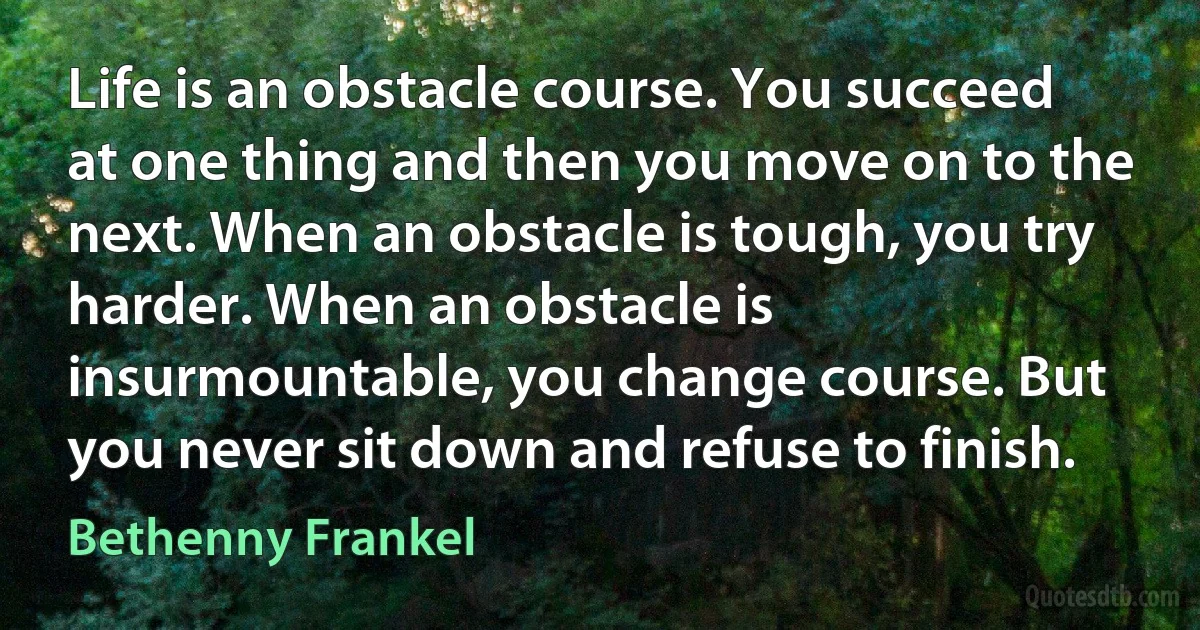 Life is an obstacle course. You succeed at one thing and then you move on to the next. When an obstacle is tough, you try harder. When an obstacle is insurmountable, you change course. But you never sit down and refuse to finish. (Bethenny Frankel)